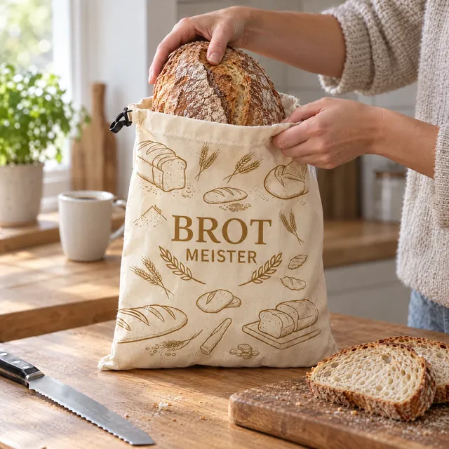 Hände heben einen knusprigen Sauerteiglaib aus dem Brot Meister Beutel