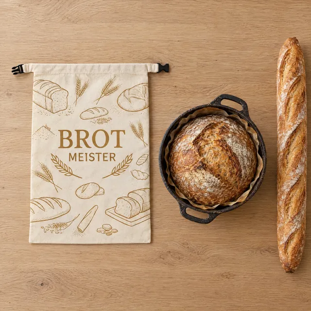 Flach liegender Brotbeutel neben einem großen Laib im Gusseisentopf und einem Baguette