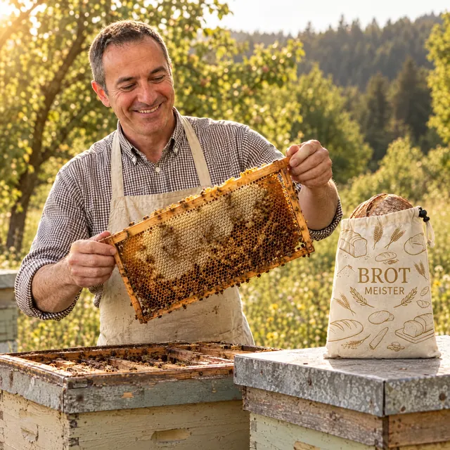 Hans Meister hält eine Bienenwabe an seinem Bienenstock, daneben der Brot Meister Beutel