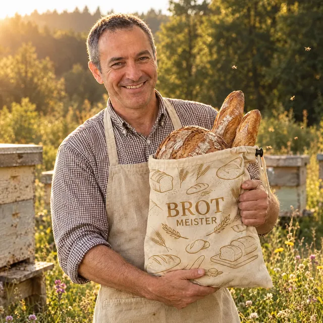 Hans Meister zwischen seinen Bienenstöcken mit einem Brot Meister Beutel voller Brot