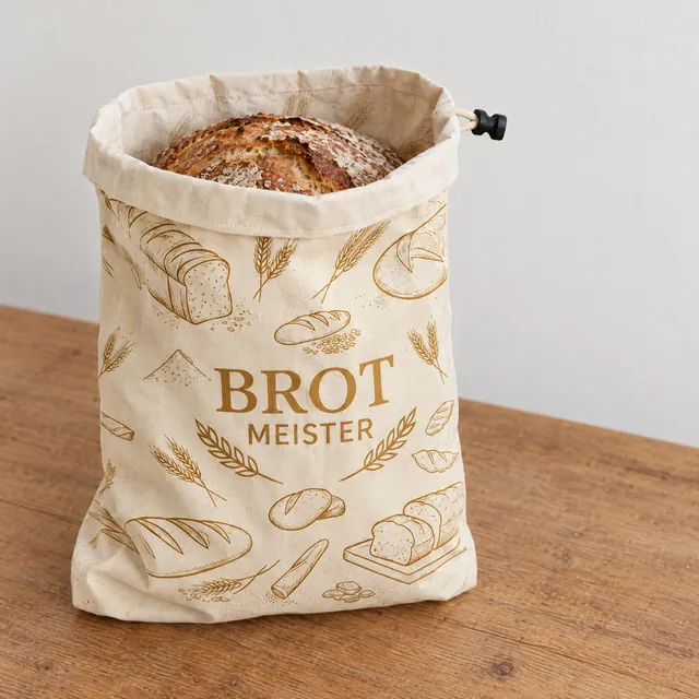 Offener Brotbeutel mit Sauerteiglaib, Blick auf den gewachsten Stoff
