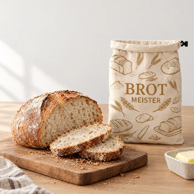 Angeschnittener Sauerteiglaib mit weicher Krume vor dem Brot Meister Beutel