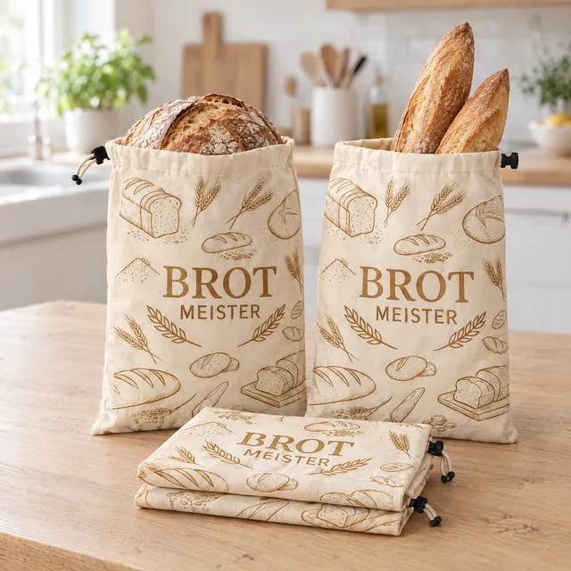 Vier Brot Meister Brotbeutel, zwei gefüllt mit Brot, zwei gefaltet