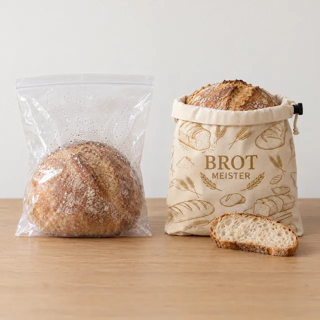 Zwei gleich große Laibe: links in der Plastiktüte mit Kondenswasser, rechts im Brot Meister Beutel